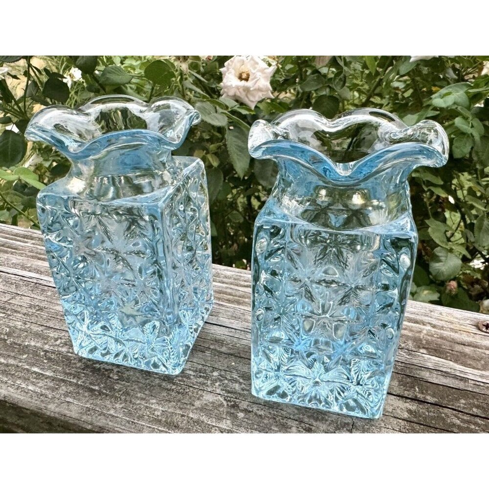 Vintage Imperial Glass Washington Mt Vernon Blue 4.5" Square Flower Vase Decor
